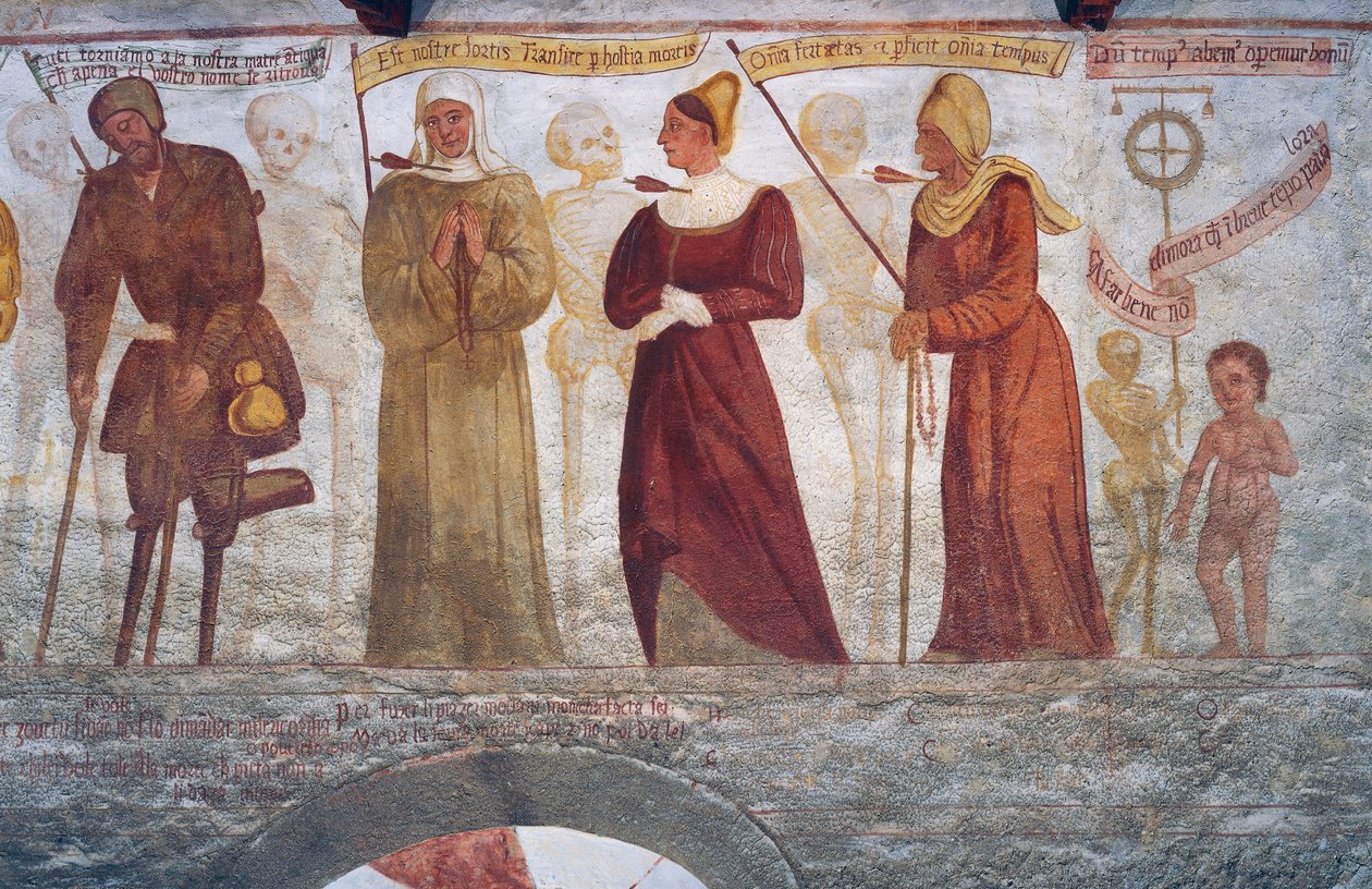 Śmierć z kulawym mężczyzną, zakonnicą, młodą kobietą, staruszką i dzieckiem, fragment z Tańca śmierci autorstwa Simone II Baschenis