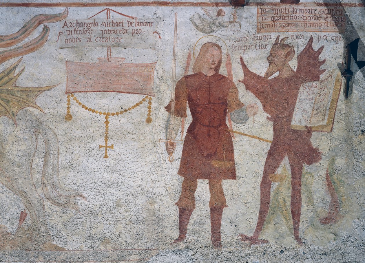 Archanioł Michał i diabeł z księgą siedmiu grzechów głównych, fragment z Tańca śmierci autorstwa Simone II Baschenis