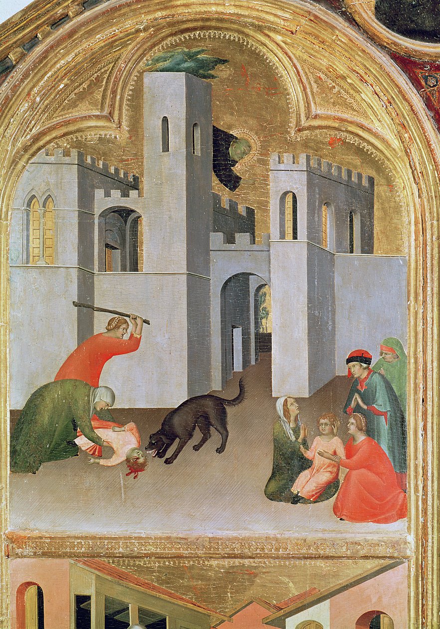 Agostino Novella ratujący dziecko ugryzione przez psa, fragment ołtarza błogosławionego Agostino Novello, ok. 1328 r. (tempera na desce) autorstwa Simone Martini
