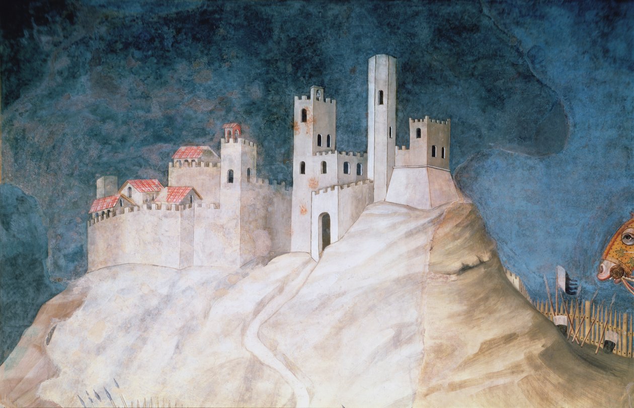 Upamiętnienie Guidoriccio da Fogliano podczas oblężenia Montemassi, detal Twierdzy Montemassi, z Sala del Mappamondo, 1328 r. autorstwa Simone Martini