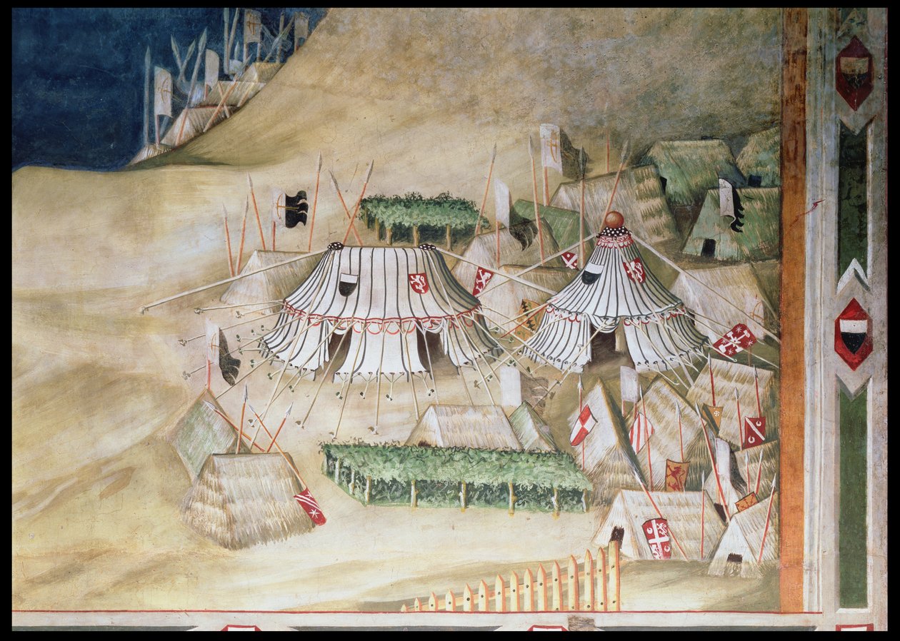 Upamiętnienie Guidoriccio da Fogliano podczas oblężenia Montemassi, szczegóły obozu wojskowego, z Sala del Mappamondo, 1328 r. autorstwa Simone Martini