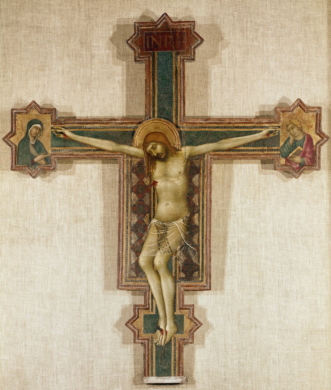 Krucyfiks z Matką Boską i św. Janem Ewangelistą (Tempera na drewnie,1321-1325) autorstwa Simone Martini