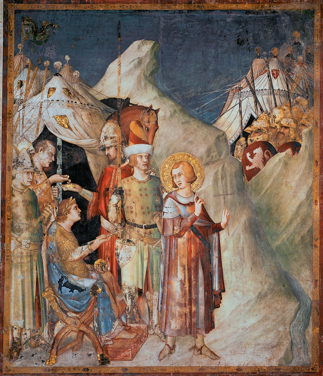 Epizody z życia św. Marcina: „Święty Marcin z Tours wyrzeka się broni”” Fresk Simone Martini (1285-1344). 1312-1317 - Dim 265x230 cm Dolna Bazylika św. Franciszka z Asyżu; Kaplica św. Marcina, Asyż autorstwa Simone Martini
