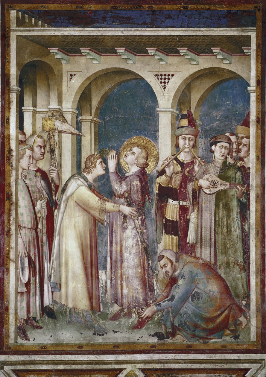 Fresk z życia św. Marcina. Święty Marcin to rycerz, szczegół. Ekwa Saint Martin de Tours i muzycy. Obraz Simone Martini (1280-1344). Fresk autorstwa Simone Martini