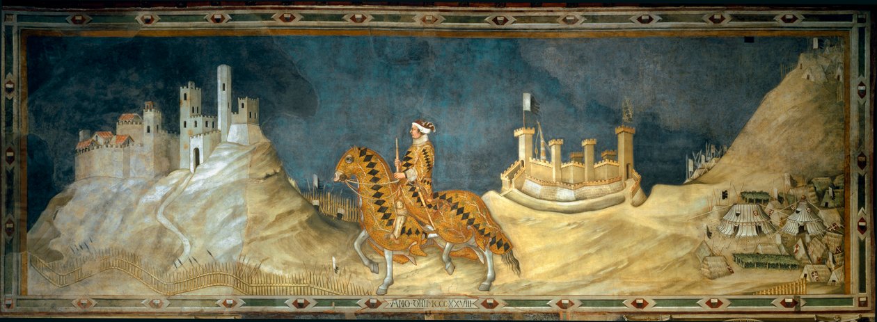 Guidoriccio da Fogliano. przedstawienie Guido Riccio da Fogliano (zm. 1352), dowódcy (condottiero) armii sieneńskiej, podczas zdobywania zamku Montemassi w Maremma (Maremma) w 1328 roku. Obraz Simone Martini (1280-1344) autorstwa Simone Martini