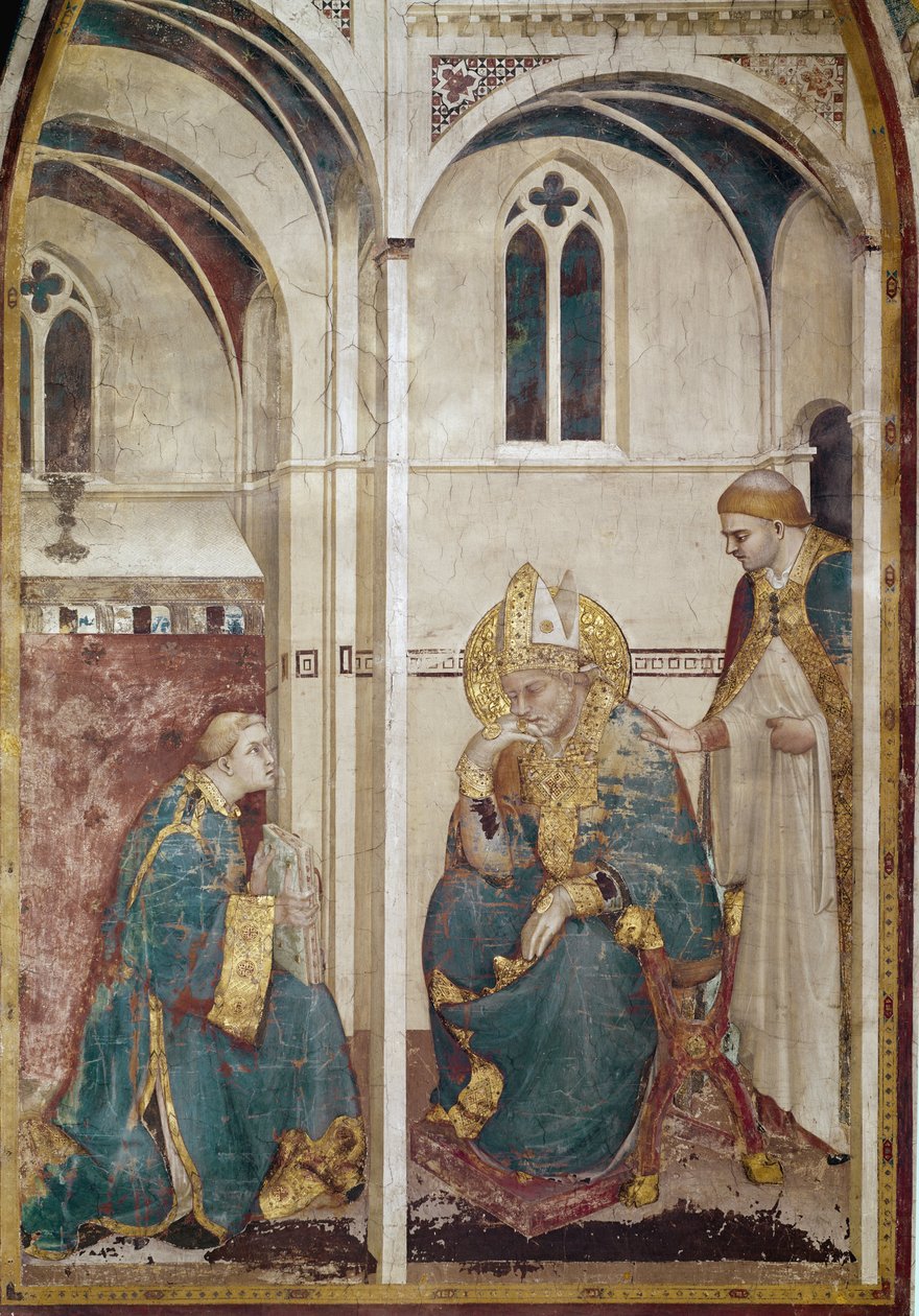 Życie św. Marcina z Tours (316-397): Św. Marcin w medytacji (medytacja Św. Marcin z Tours) - Fresk Simone Martini (ok. 1284-1344), ca. 1312-1317 cm. 390x200 - Bazylika św. Franciszka z Asyżu, dolna kaplica kościelna św. Marcina, Asyż autorstwa Simone Martini