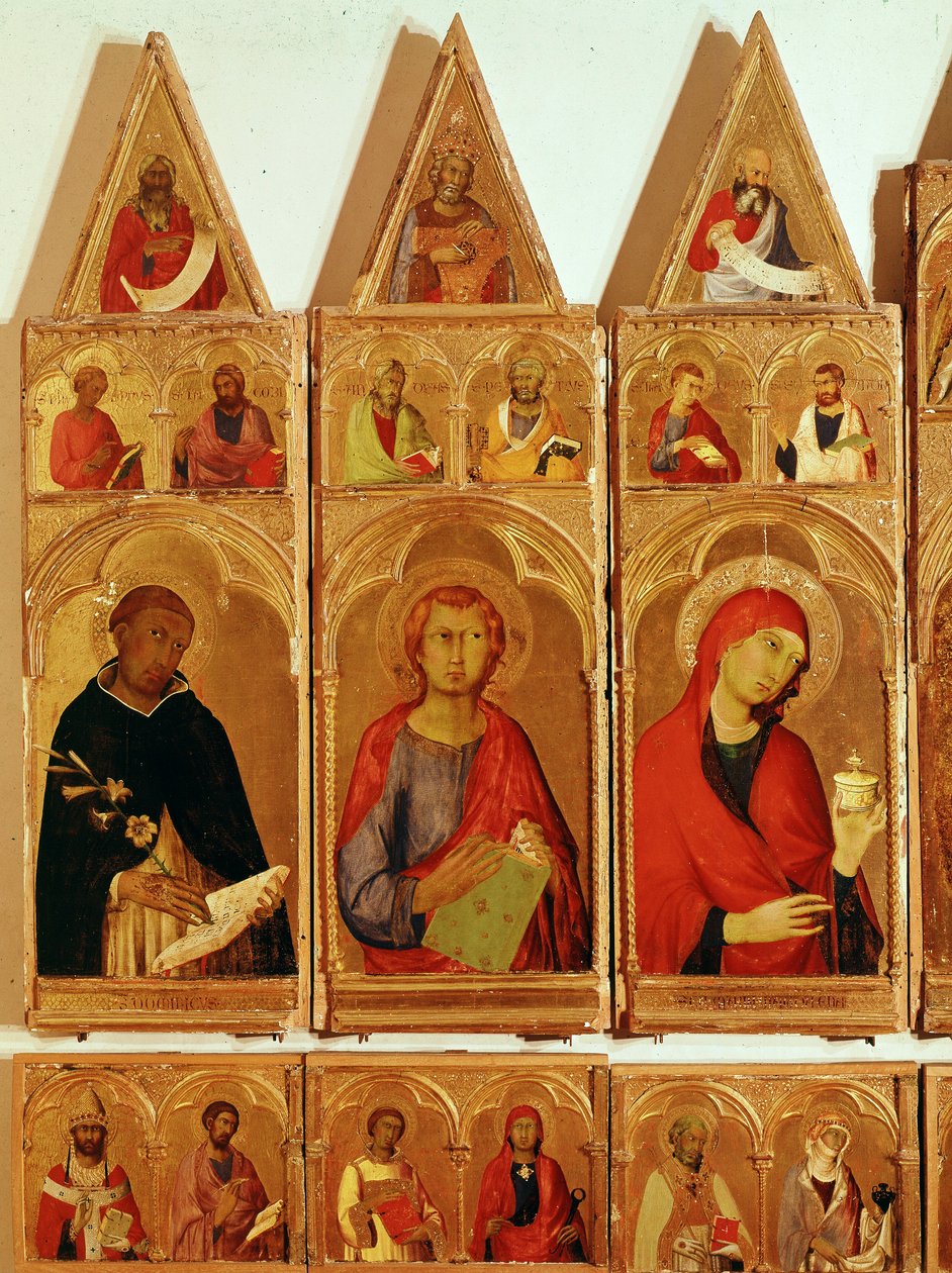 Św. Dominik, Św. Jan Ewangelista, Św. Maria Magdalena. Szczegół poliptyku św. Katarzyny Aleksandryjskiej (tempera i złoto na drewnie) autorstwa Simone Martini