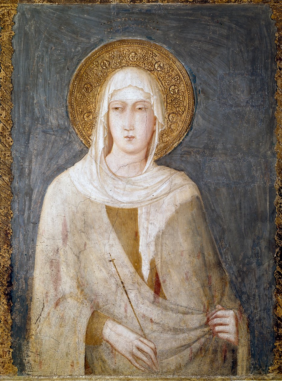 Św. Małgorzata z Antiochii (wcześniej znana jako Św. Clair) Fresk autorstwa Simone Martini Dim. 120 cm. Około 1322 r. Asyż (Asyż), dolna bazylika San Francesco (Saint Francois), prawy transept. Włochy ©Luisa Ricciarini/Leemage autorstwa Simone Martini