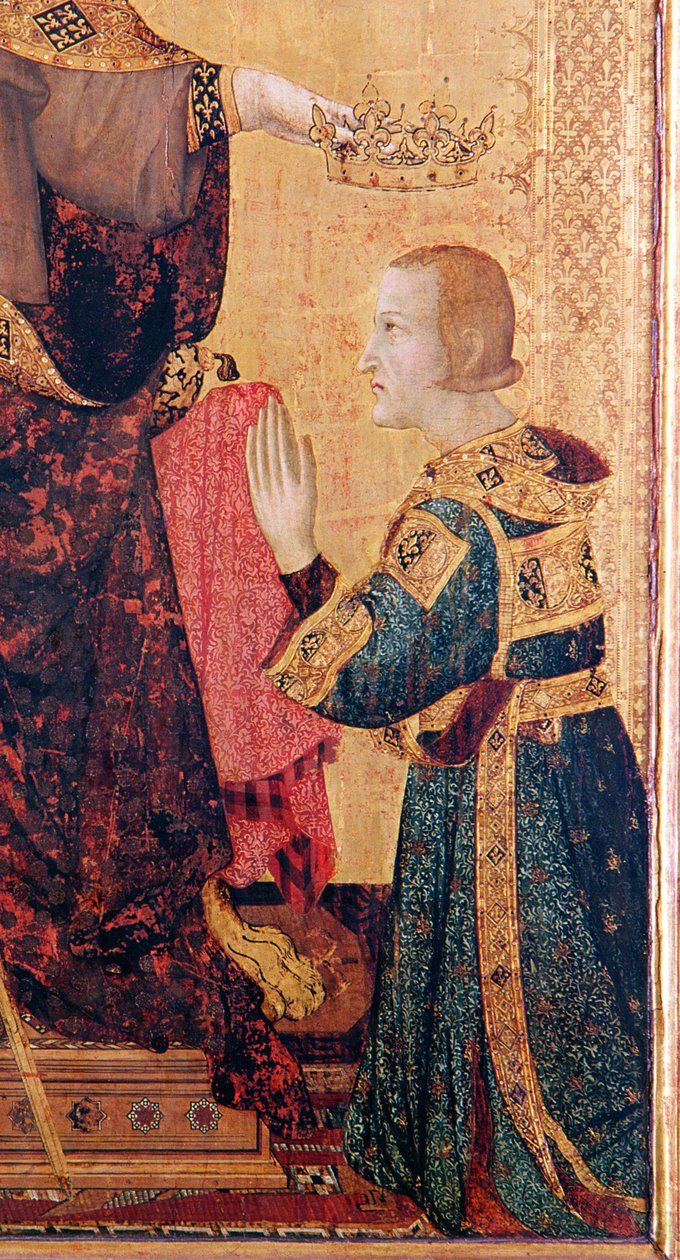 Św. Ludwik z Tuluzy (1274-97) koronujący swego brata Roberta z Anjou (1278-1343) z ołtarza Św. Ludwika z Tuluzy, 1317 (tempera na desce) (detal z 183716) autorstwa Simone Martini