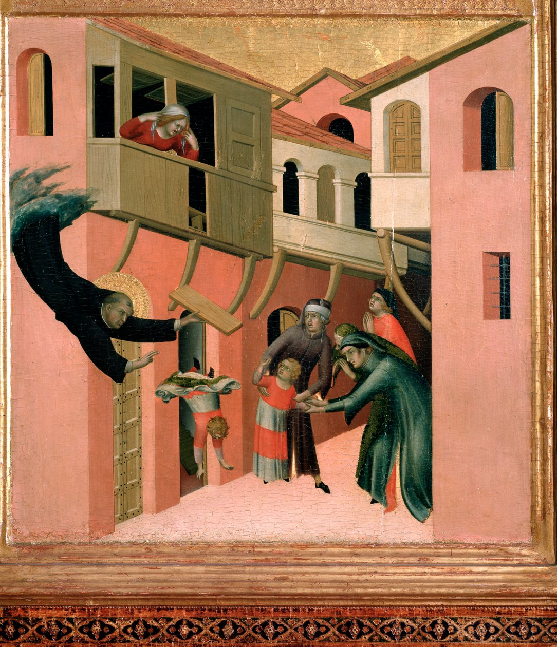 Włoski mnich Agostino Novello mówi to Panormitano i przedstawienie czterech swoich cudów dziecko spadające z balkonu, - tempera na desce autorstwa Simone Martini