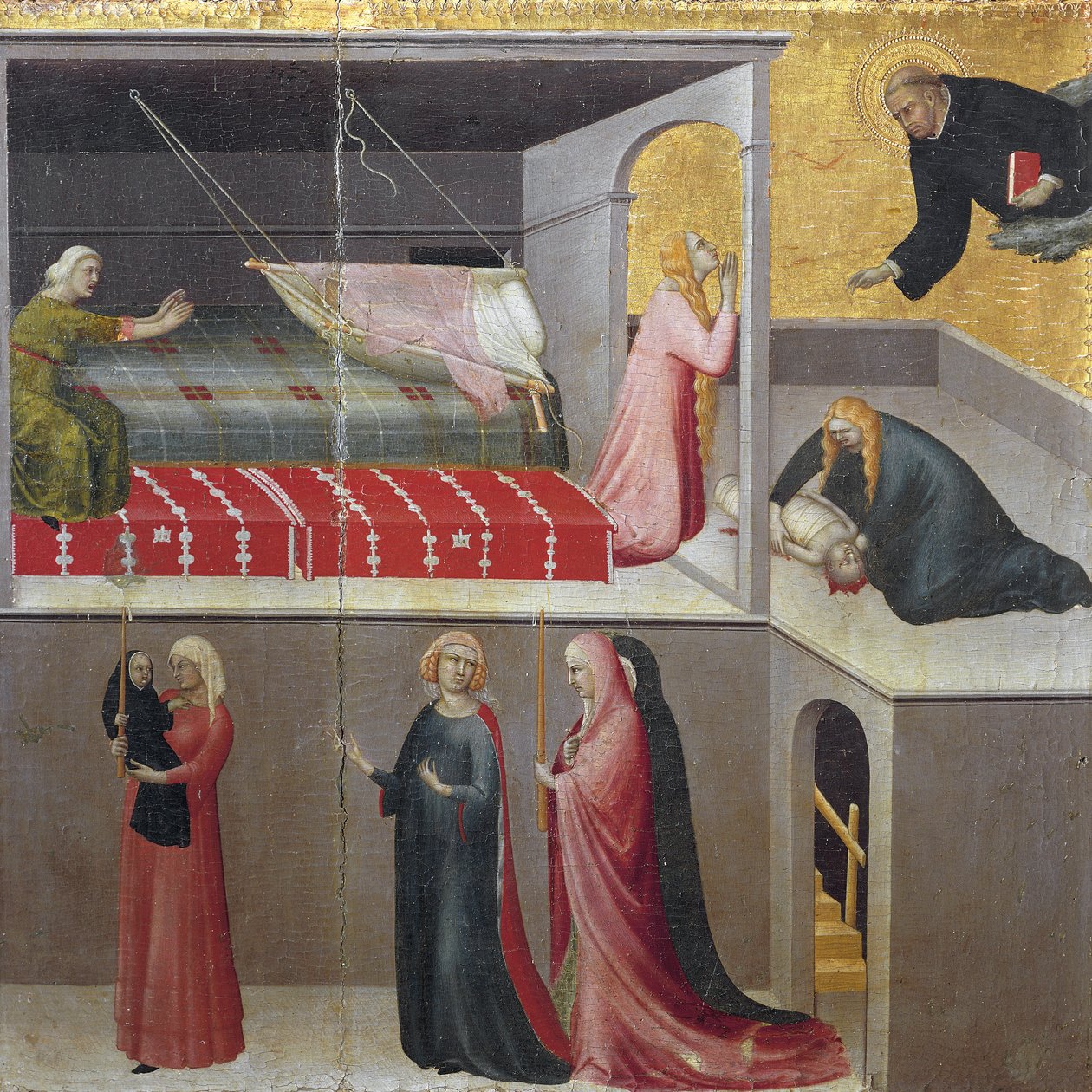 Cud dziecka spada z jego kołyski: trzy kobiety rozmawiające na dole sceny. Część tryptyku Historia pustelnika św. Augustyna (Tempera na drewnie) autorstwa Simone Martini