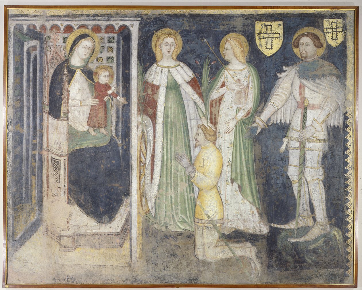 Madonna z Dzieciątkiem ze św. Katarzyną, św. Urszulą, św. Jerzym i Patronem, Teodoryk z Chur autorstwa Simone da Corbetta
