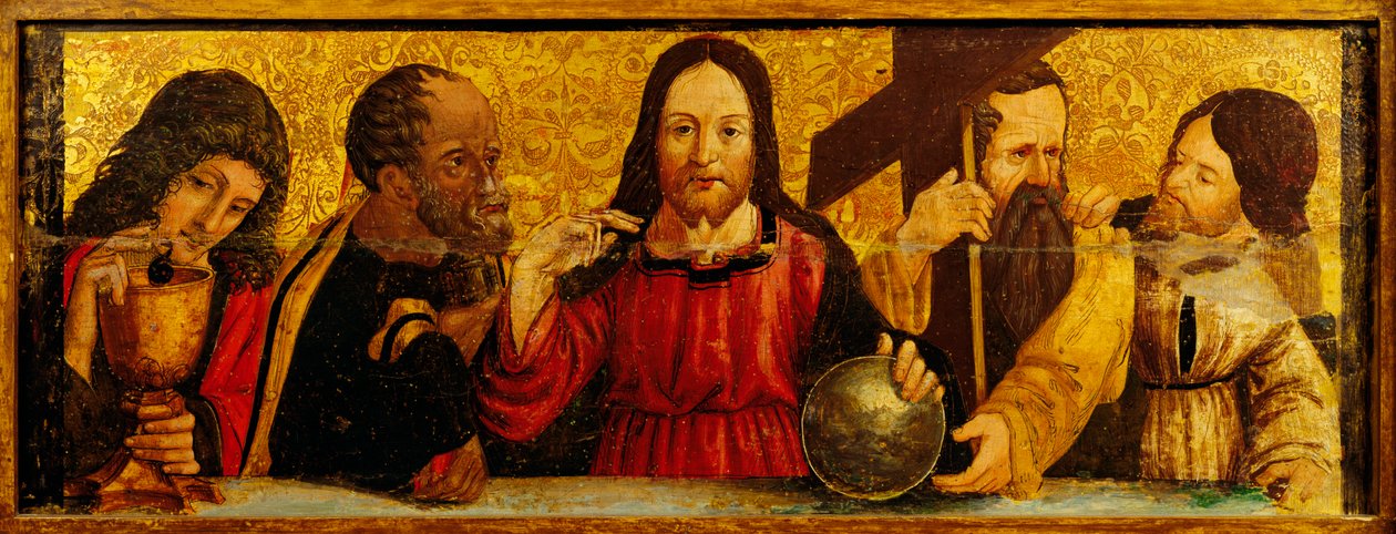 Ostatnia Wieczerza, detal z predelli poliptyku autorstwa Simone da Firenze, obraz na drewnie, kościół Świętych Piotra i Pawła, San Chirico Raparo, Potenza, Włochy. autorstwa Simone da Firenze