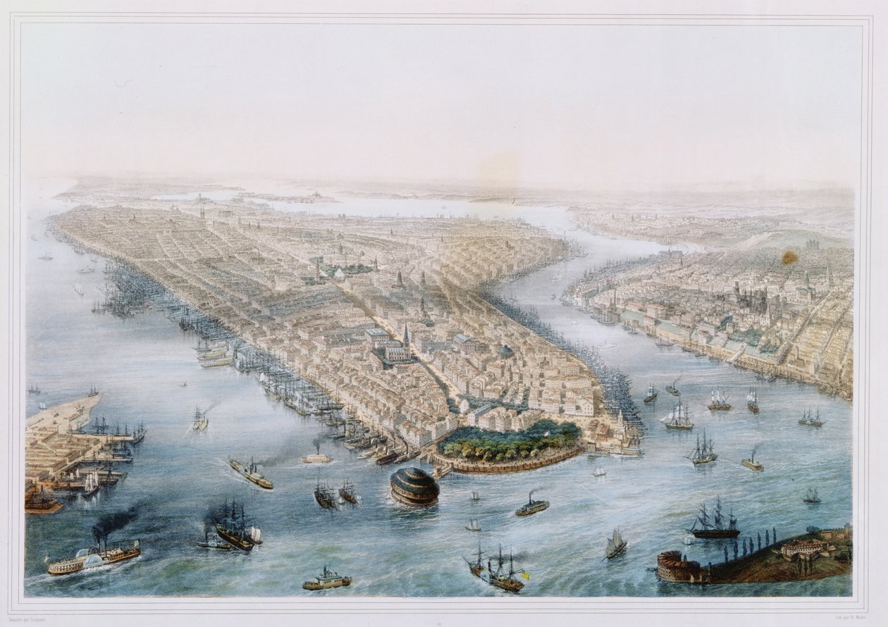 Aerial View of New York and Brooklyn, rytowane przez T.H. Muller, opublikowane przez L. Turgis, Paryż, ok. 1850 r. autorstwa Simpson