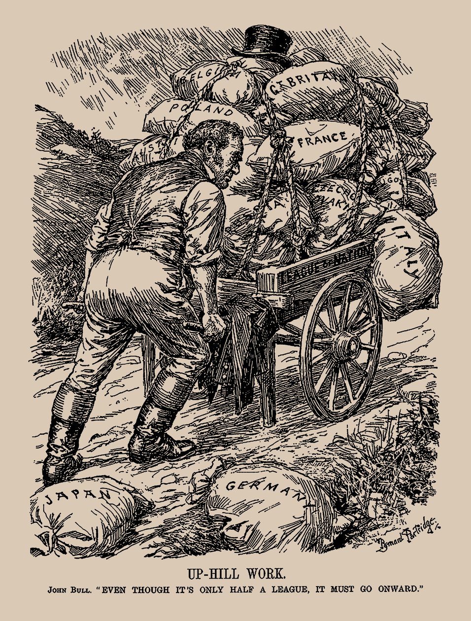 Praca pod górę. Johna Byka. Chociaż to tylko pół ligi, musi iść dalej, 1935. autorstwa Sir Bernard Partridge