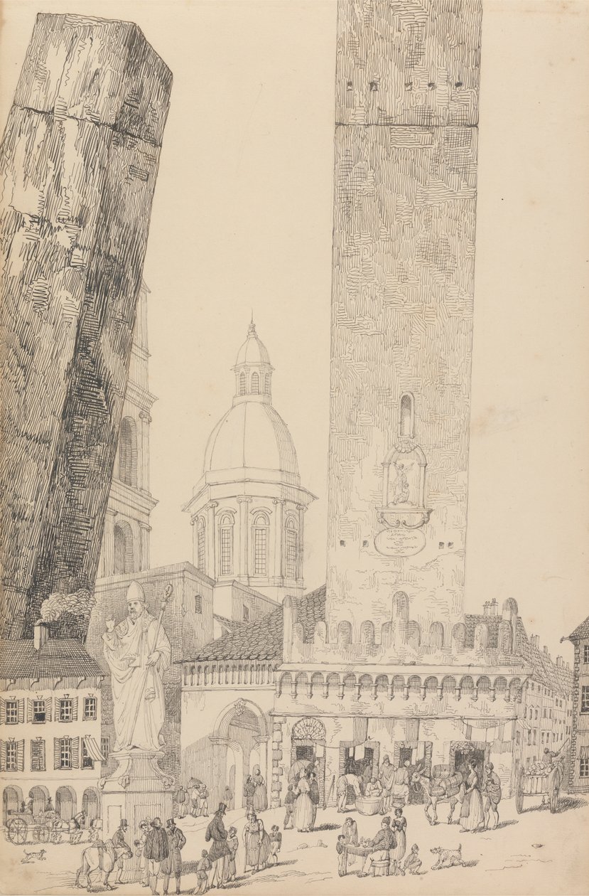 Album 30 widoków w Tyrolu i we Włoszech: Krzywe Wieże, Pomnik św. Franciszka, Bolonia 12 listopada 1840 autorstwa Sir Charles D