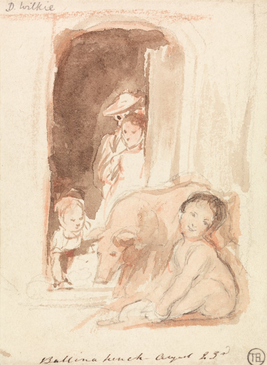 Dzieci ze świnią przy drzwiach w Ballynahinch, Irlandia autorstwa Sir David Wilkie
