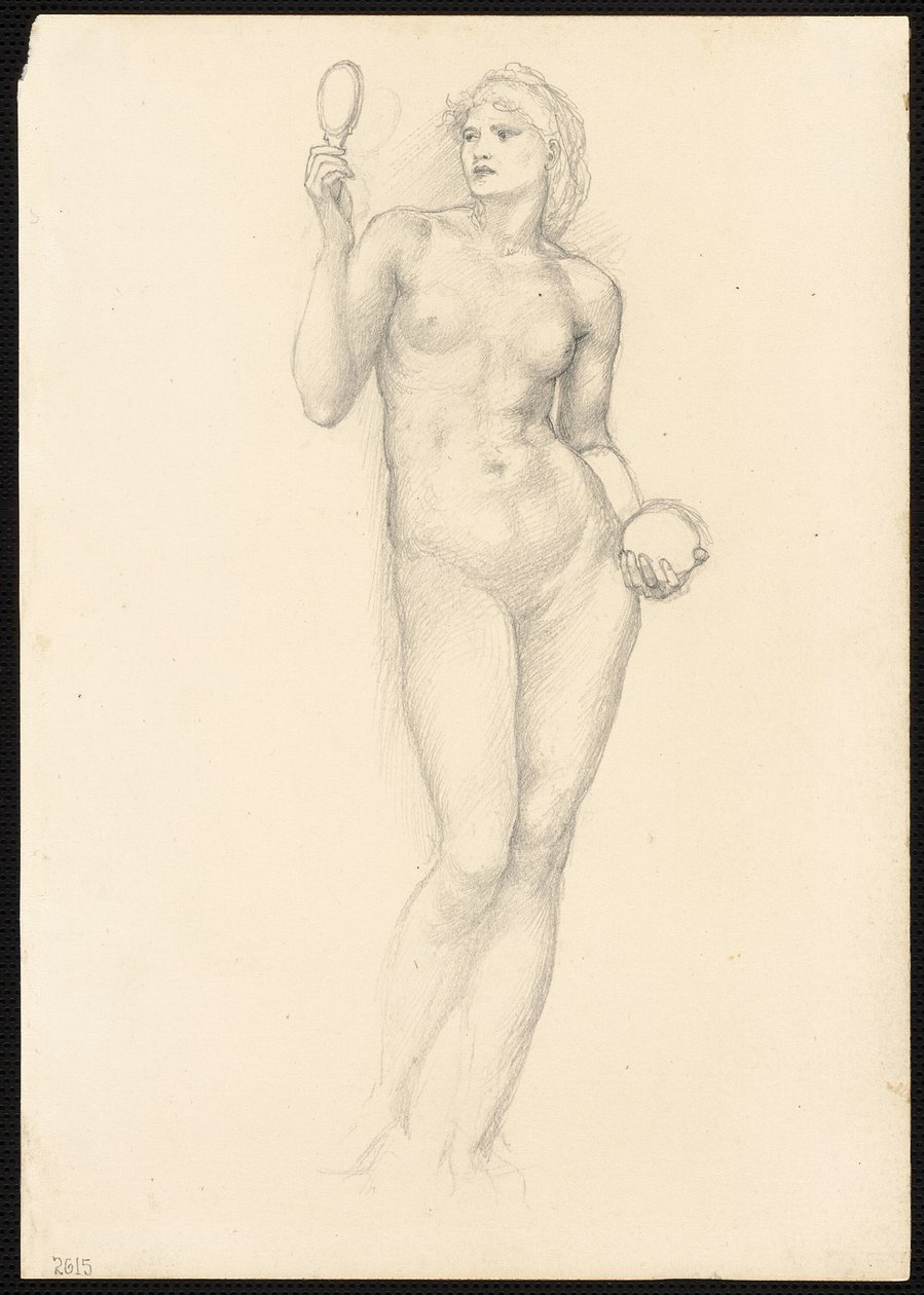 Naga postać kobieca z lustrem w prawej ręce autorstwa Sir Edward Burne Jones