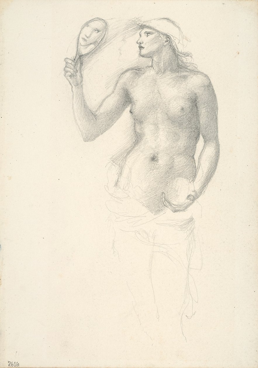 Półnaga postać kobieca z lustrem w prawej ręce autorstwa Sir Edward Burne Jones