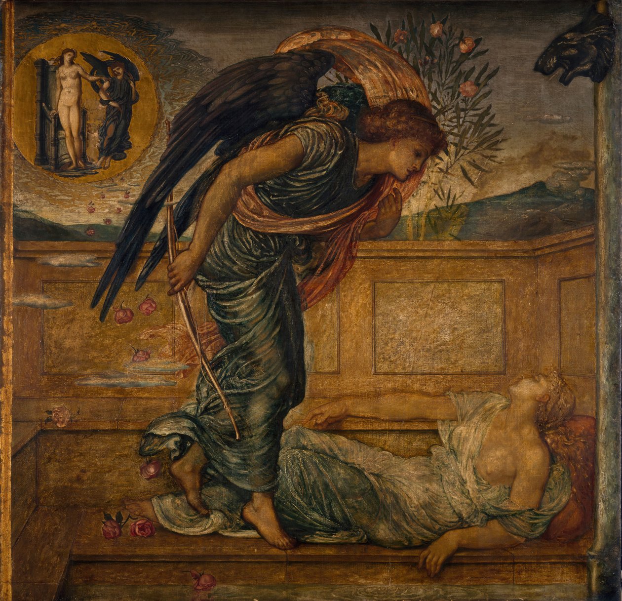Kupidyn i Psyche - Pałacowe Zielone Malowidła - Kupidyn Odnajdujący Psyche śpiącą przy fontannie, 1881. autorstwa Sir Edward Coley Burne Jones