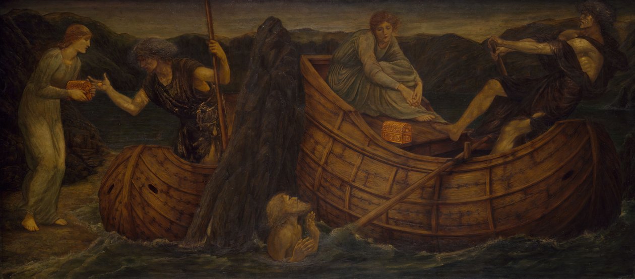 Kupidyn i Psyche - Pałacowe Zielone Malowidła - Psyche dająca Monetę Przewoźnikowi Styksu, 1881. autorstwa Sir Edward Coley Burne Jones