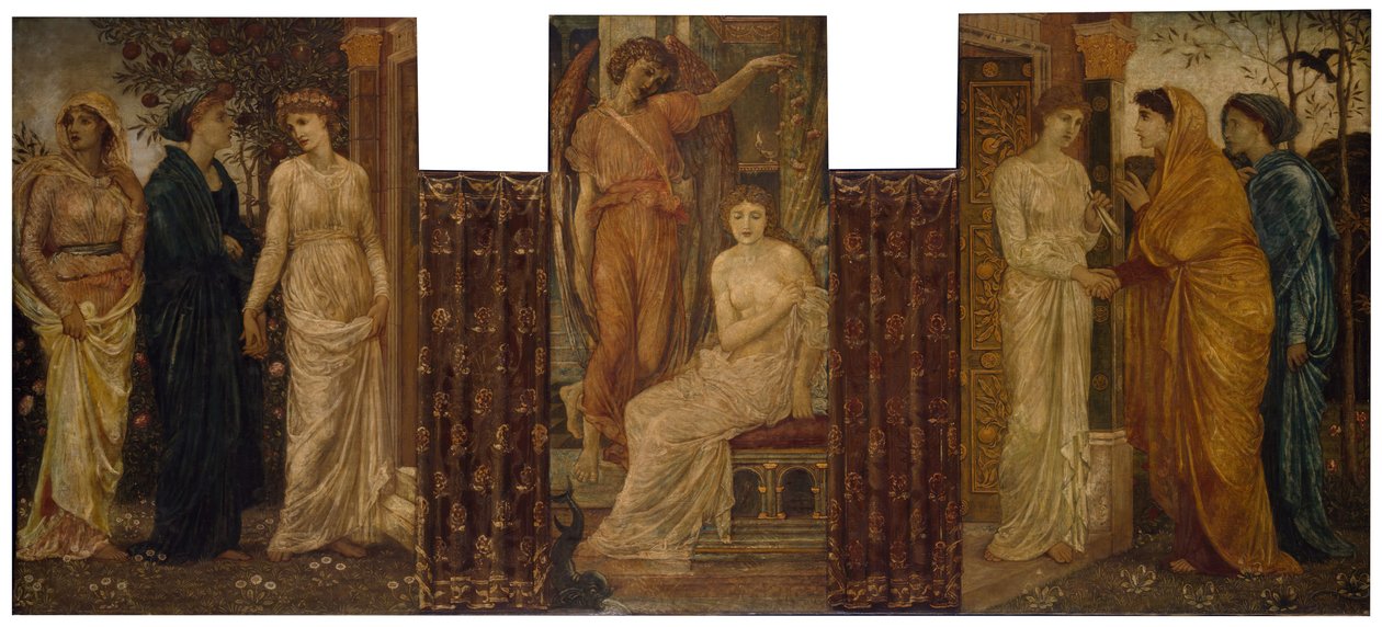 Kupidyn i Psyche - Pałacowe Zielone Murale - Siostry Psyche odwiedzają ją w Domu Kupidyna, 1881. autorstwa Sir Edward Coley Burne Jones
