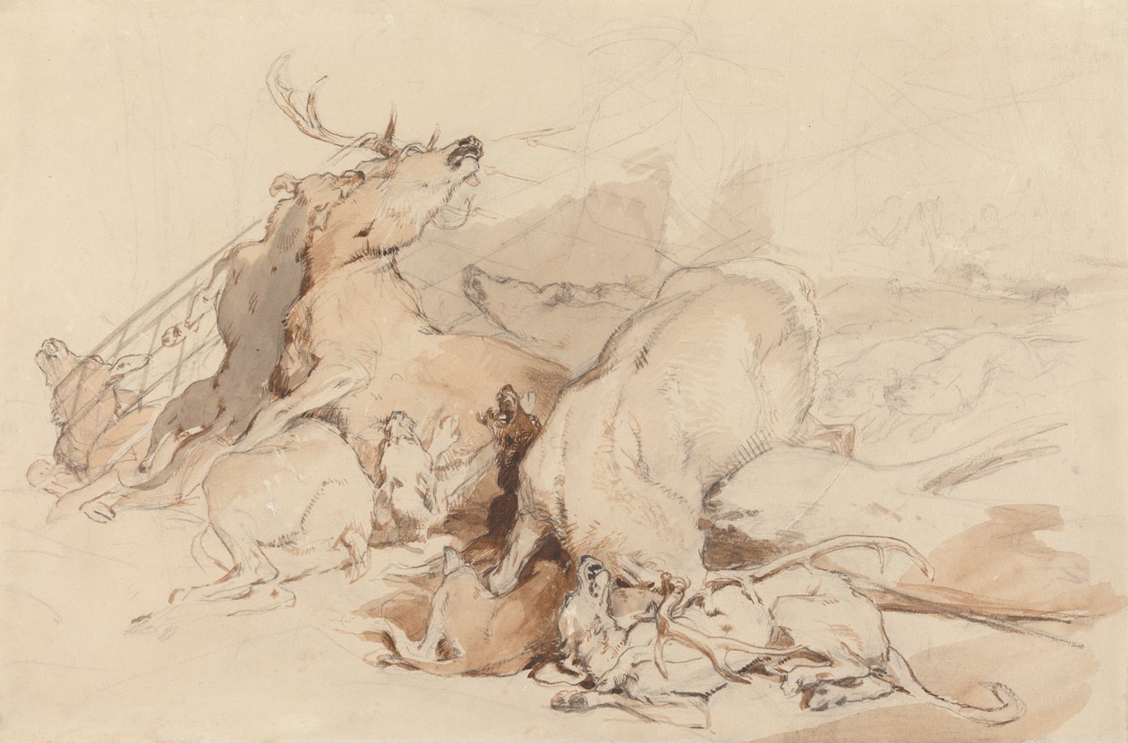 Psy i myśliwi atakujący jelenie autorstwa Sir Edwin Henry Landseer