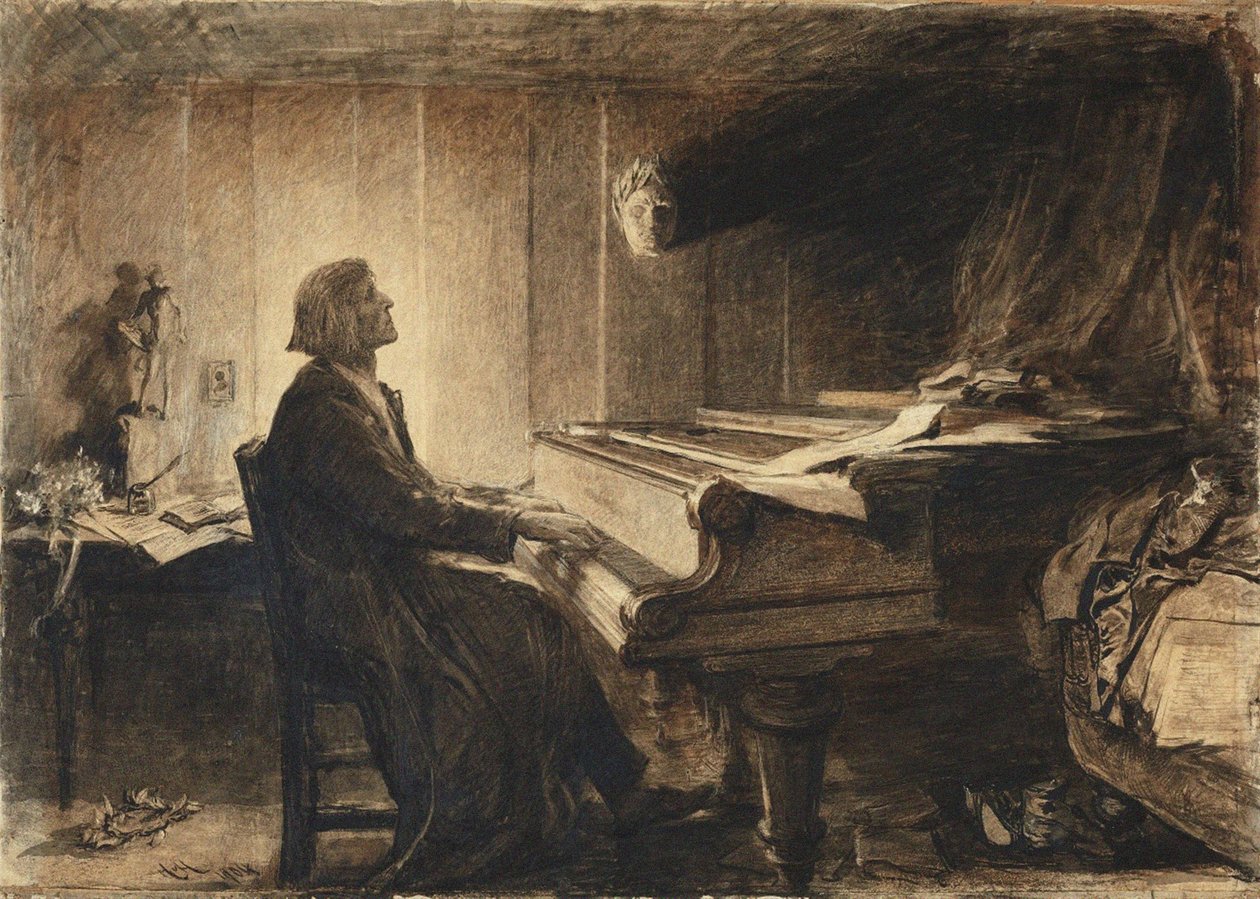 Franciszek Liszt przy fortepianie, 1904. autorstwa Sir Hubert von Herkomer