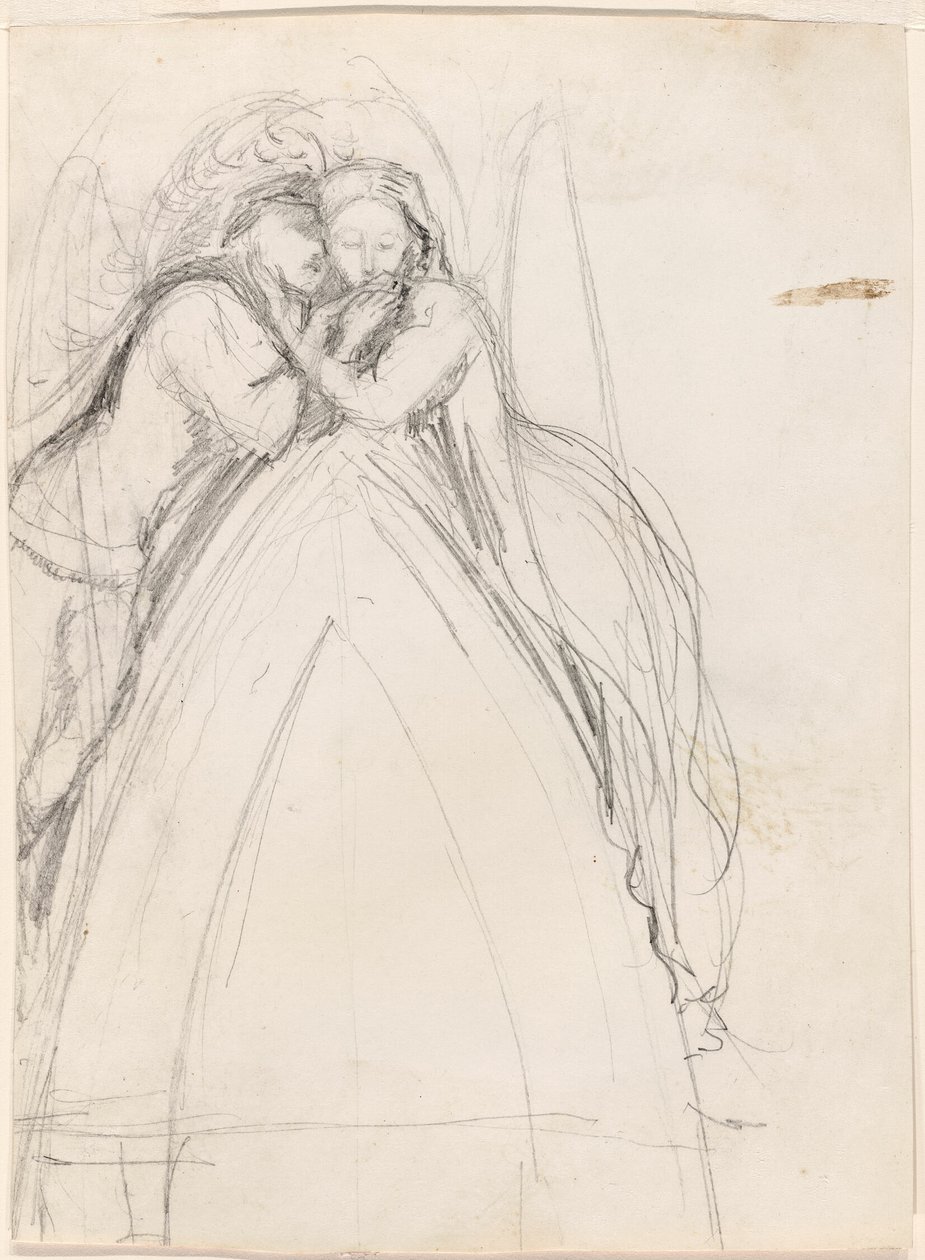Projekt gotyckiego łuku z artystą i Effie Ruskin obejmującymi się (recto); Projekt gotyckiego łuku z Effie jako aniołem (verso) autorstwa Sir John Everett Millais