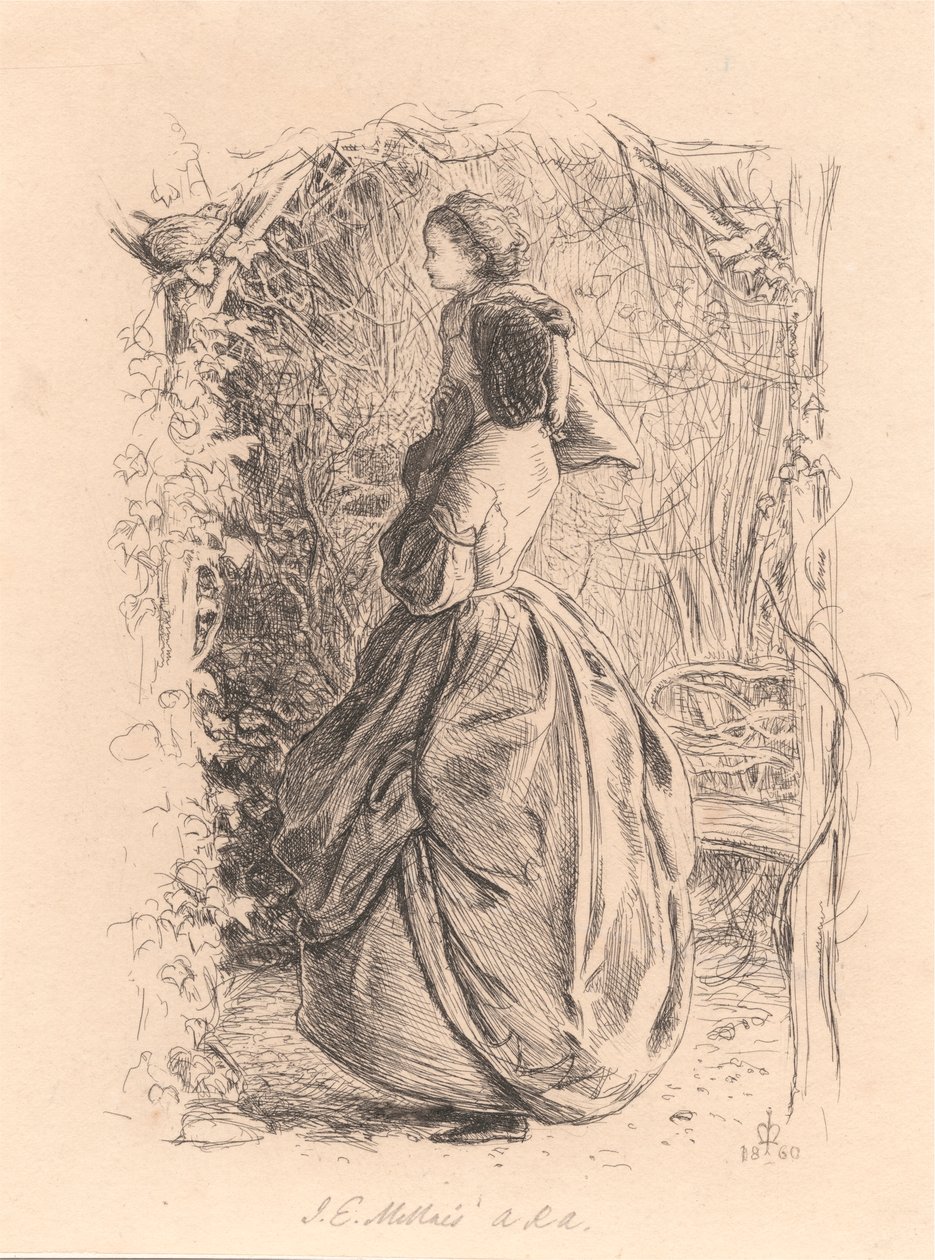 Szczęśliwego wiosennego czasu. Kobieta i dziecko patrząc na ptaka w gnieździe. autorstwa Sir John Everett Millais