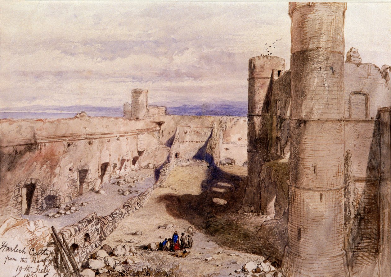Zamek Harlech z murów obronnych, Walia, 1850 autorstwa Sir John Gilbert