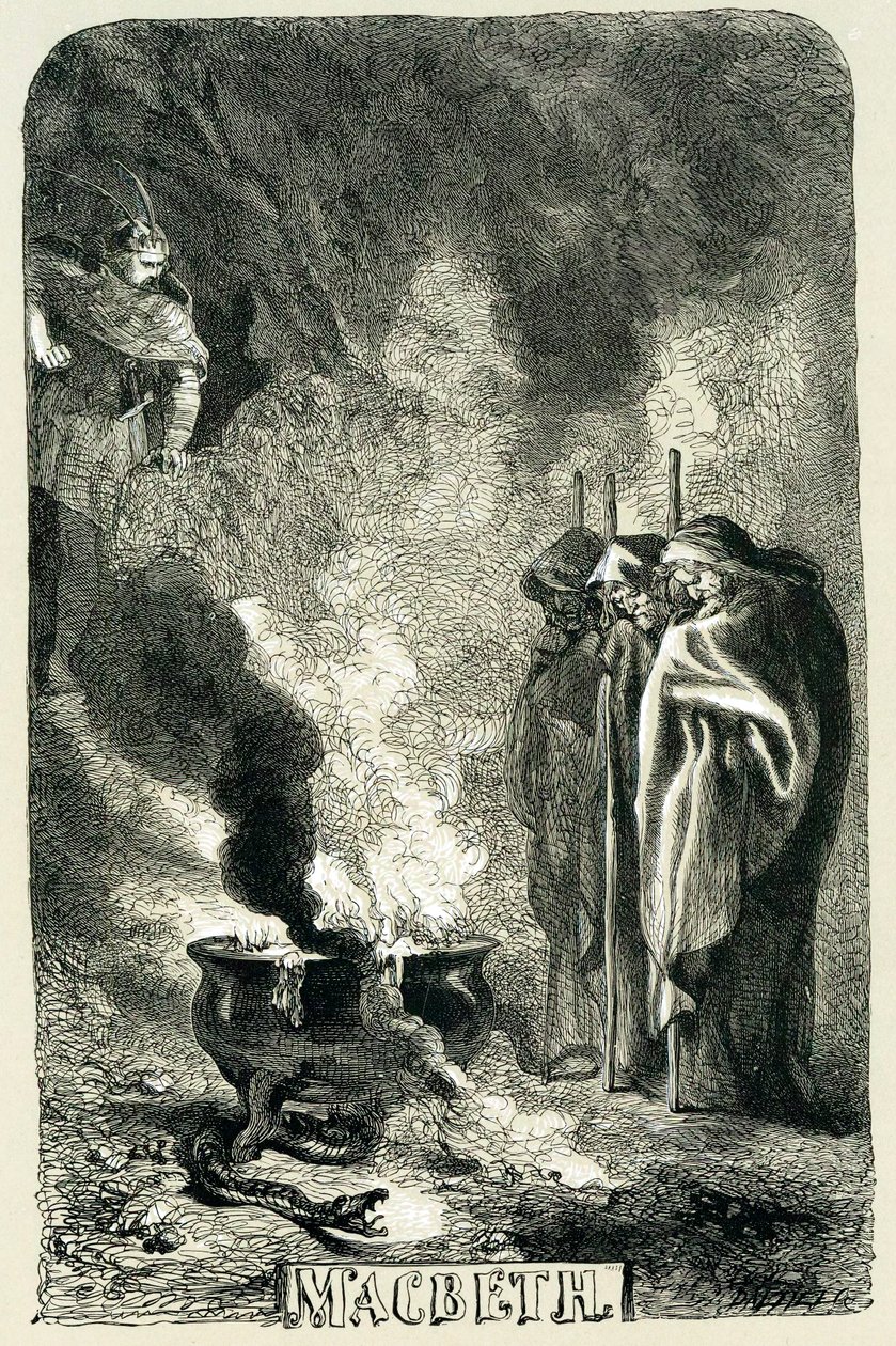 Makbet odwiedzający trzy wiedźmy na przeklętym wrzosowisku, 1858 autorstwa Sir John Gilbert