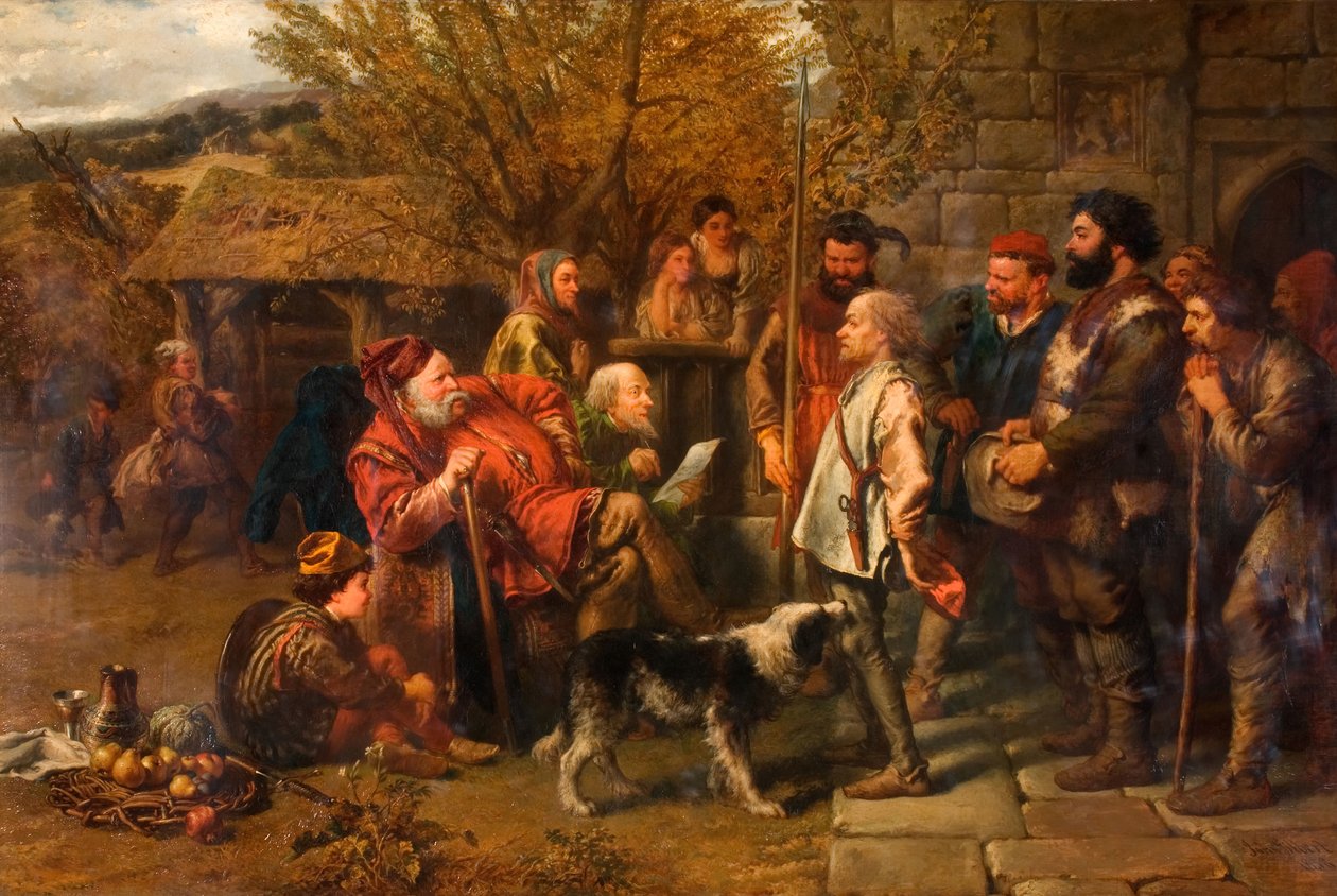 Sir John Falstaff weryfikujący swój obdarty pułk, 1858. autorstwa Sir John Gilbert