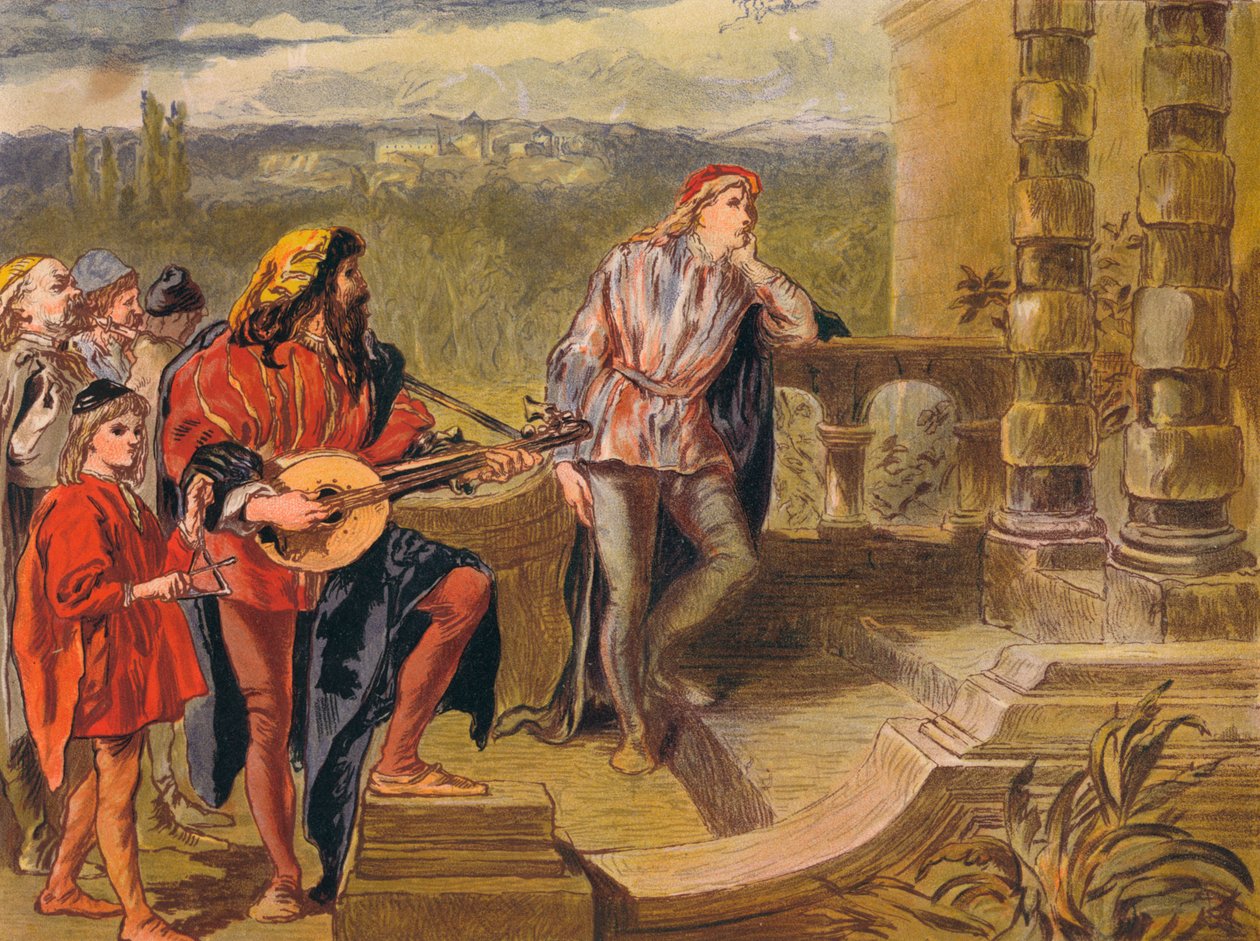 Muzyk śpiewa w Dwóch dżentelmenach z Werony: Akt IV scena II, c1875 autorstwa Sir John Gilbert