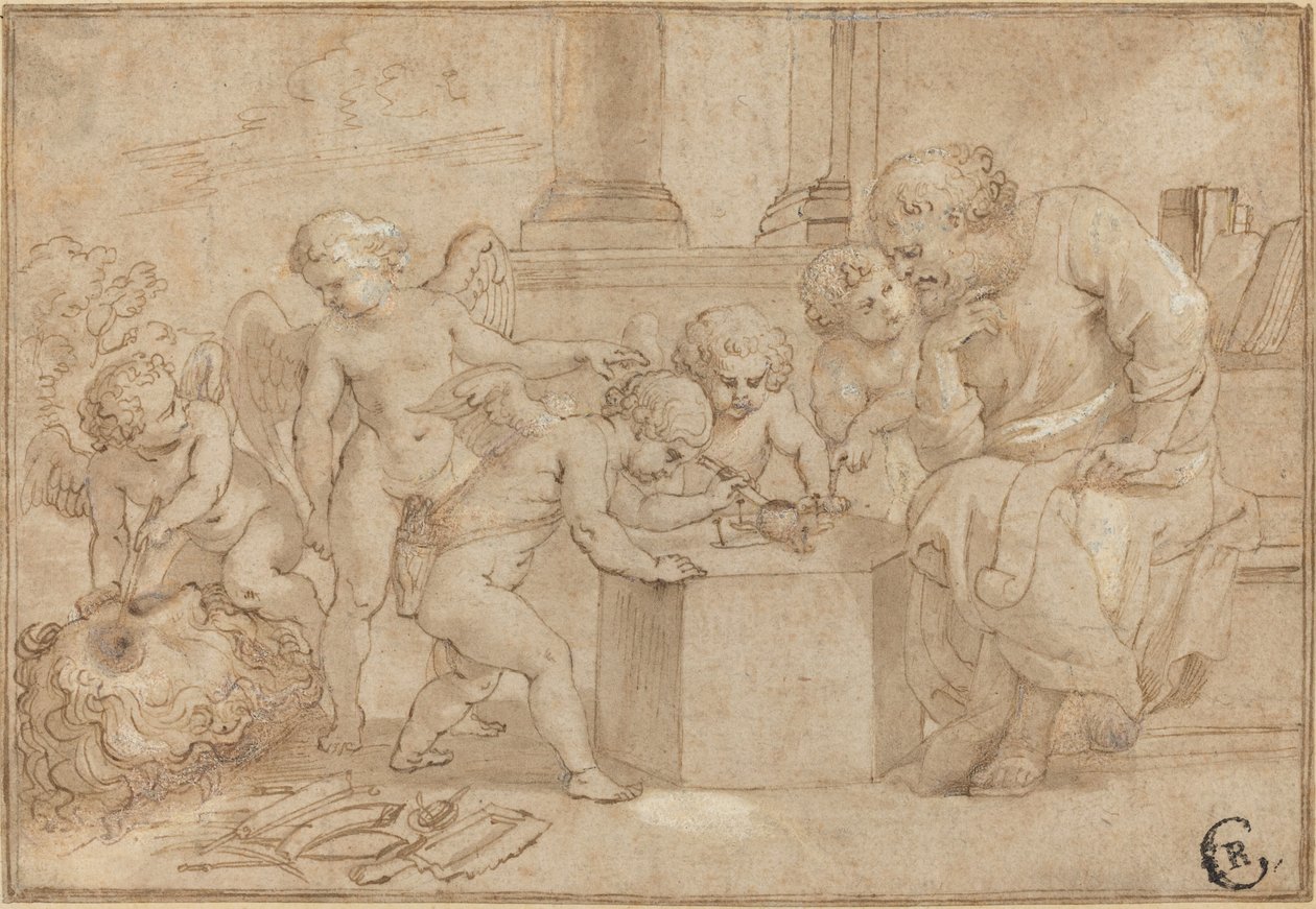 Starszy mężczyzna przyglądający się, jak Putti przecina oko autorstwa Sir Peter Paul Rubens