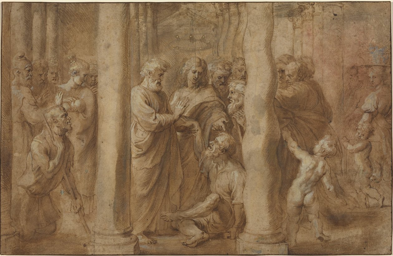 Cud kulawego uzdrowionego przez św. Piotra i św. Jana autorstwa Sir Peter Paul Rubens over Anonymous Italian after Parmigianino after Raphael