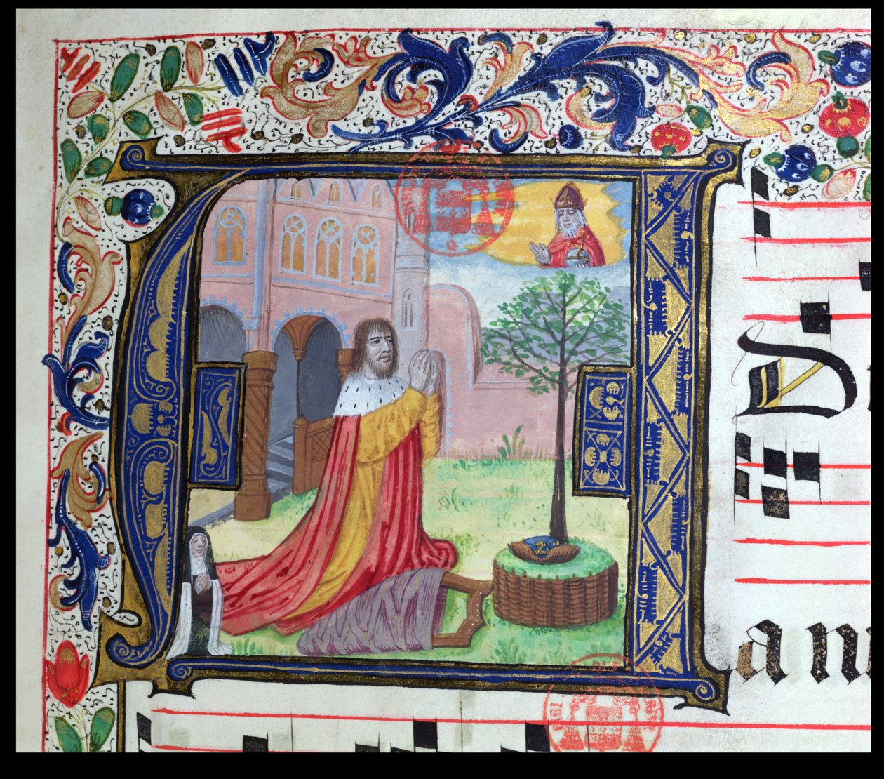Ms 432 Historyczny inicjał A, z czasownika używanego przez Siostry ze Zgromadzenia Karmelitanek z Brugii, napisany przez s. Margaritę Bruynewe, 1505 welinowy detal z 215014 autorstwa Sister Cornelia Wulfekkercke