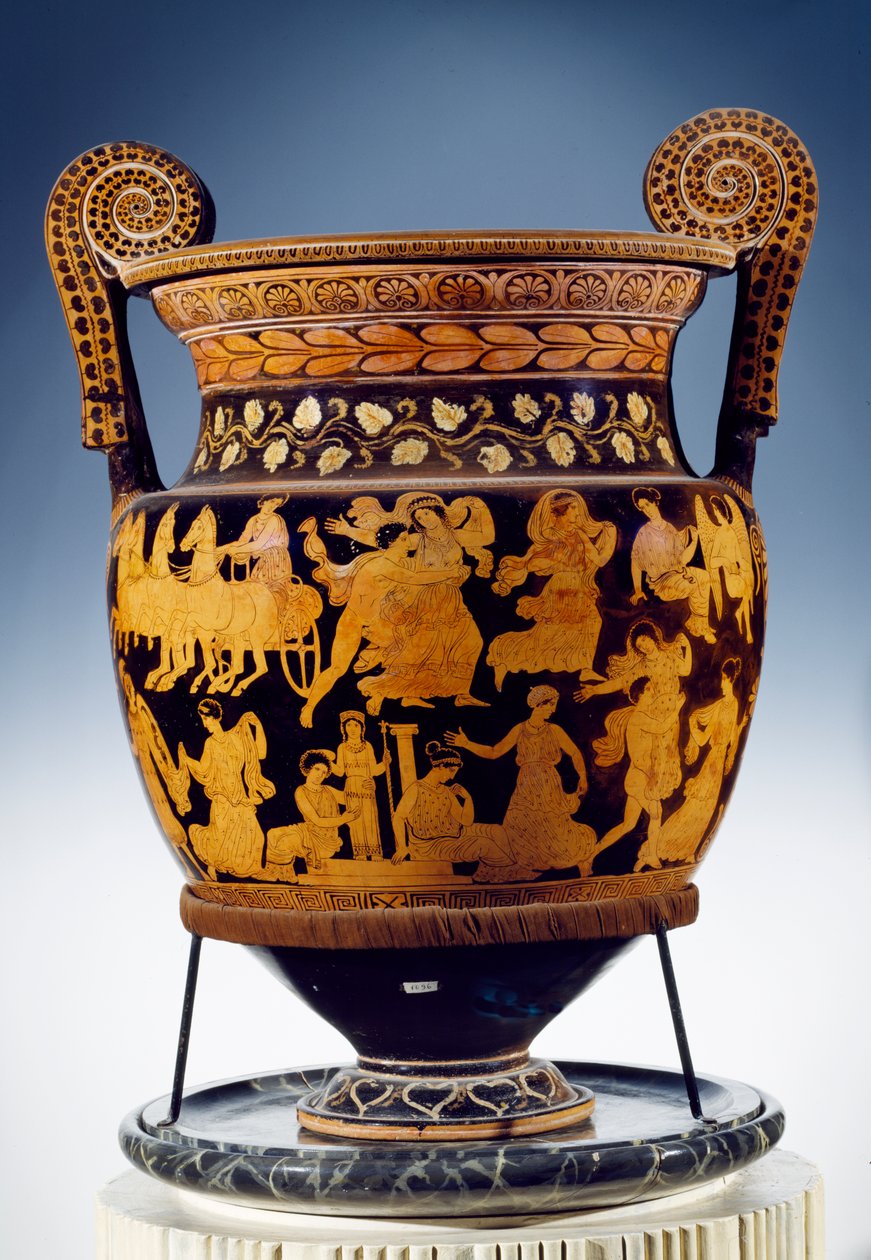 Czerwonofigurowy krater wolutowy, apulijski (ceramiczny) (patrz również 85031 i 85032) autorstwa Sisyphus Painter