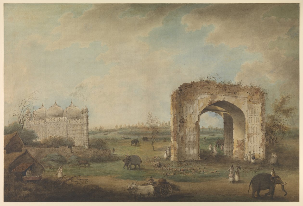 Widok meczetu i bramy w Motijhil, ok. 1814-1823 (nieprzezroczysta akwarela na papierze) autorstwa Sita Ram (attr. to)