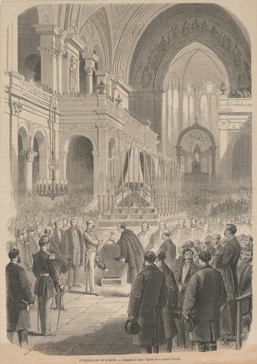 Pogrzeb Gioacchino Rossiniego. Konsekracja w kościele Świętej Trójcy, 1868 r. autorstwa Smeeton and Cie . Cosson