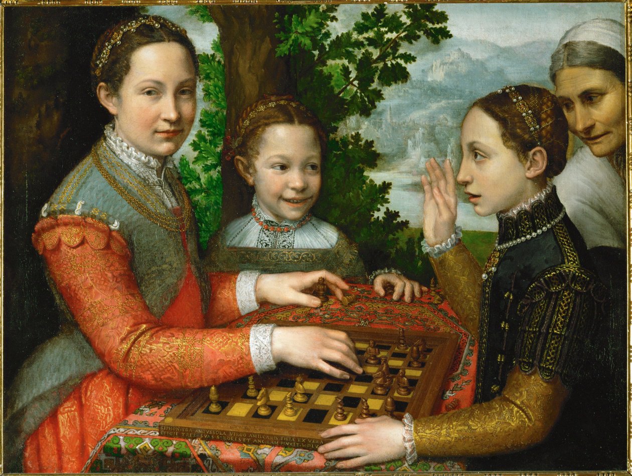 Gra w szachy z udziałem trzech sióstr malarza i służącego autorstwa Sofonisba Anguissola