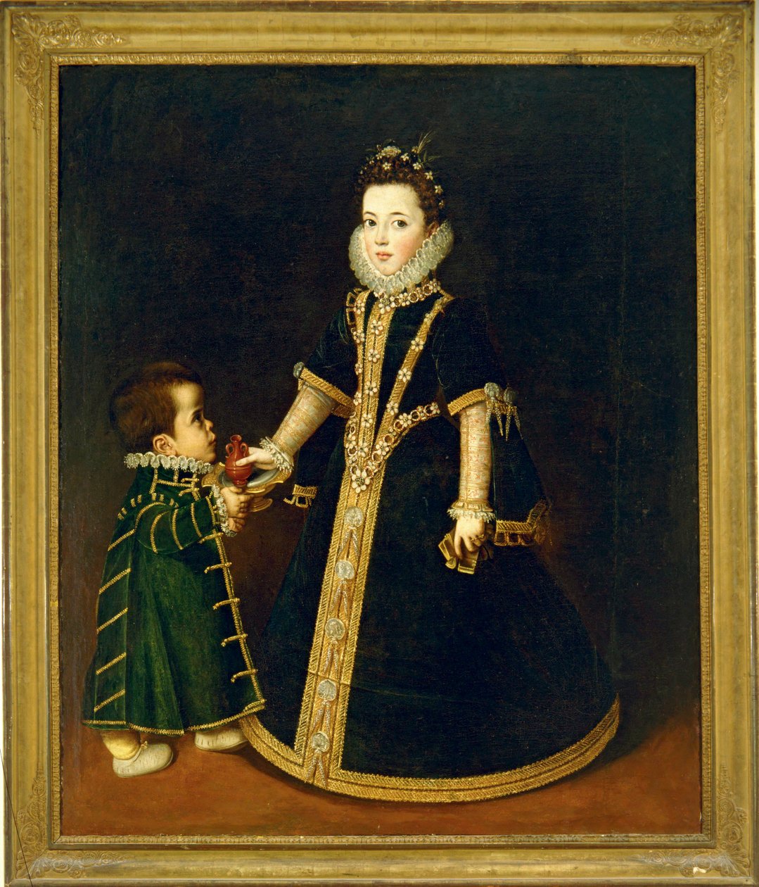 Dziewczyna z karłem, uważana za portret Margaridy Sabaudzkiej, córki księcia i księżnej Sabaudii ... (obraz na płótnie) autorstwa Sofonisba Anguissola