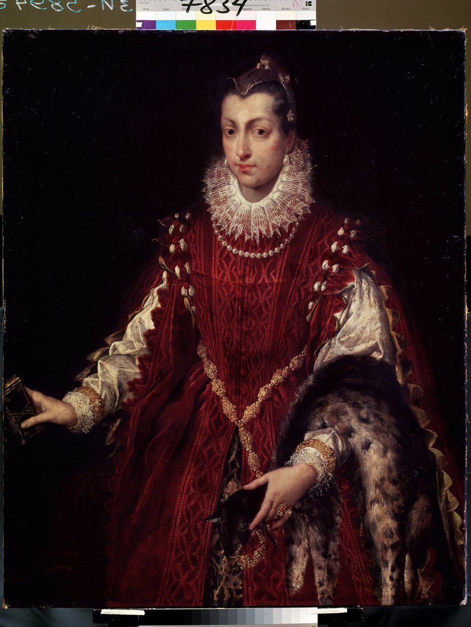 „Portret patrycjusza, członka zamożnej rodziny w średniowiecznych Włoszech”” (Portret patrycjusza) Bogato ubrana młoda kobieta, z futrem na ramieniu, koronkowym kołnierzykiem i aksamitną sukienką. Obraz Sofonisby Anguissoli (1532-1625) 1558 Lwów, Muzeum autorstwa Sofonisba Anguissola