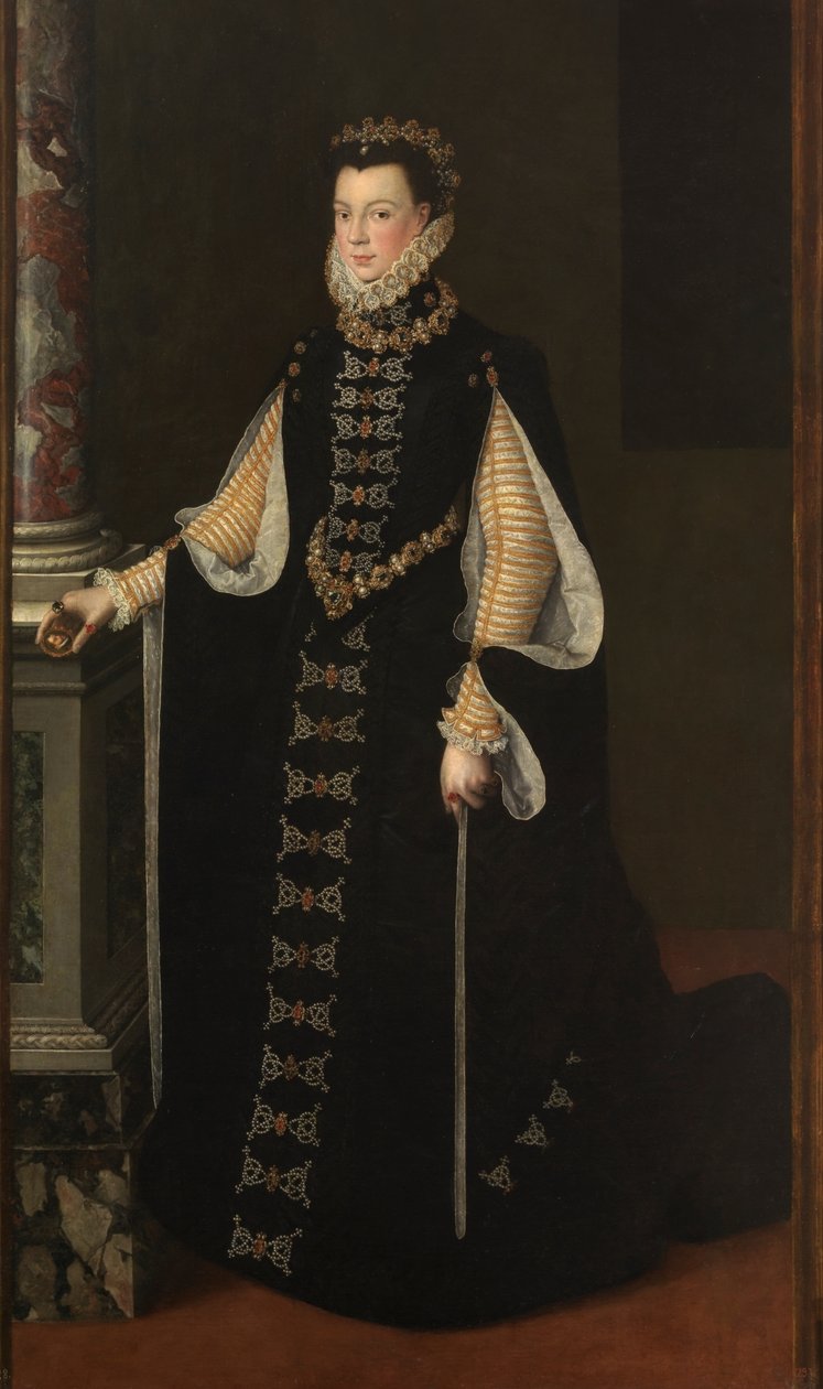hiszpański: Isabel de Valois sosteniendo un retrato de Felipe II Portret Elżbiety z Valois trzymającej portret Filipa II autorstwa Sofonisba Anguissola