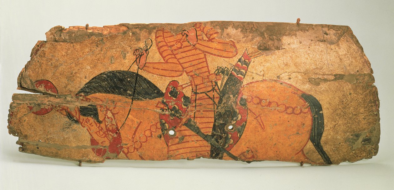 Tarcza, znaleziona w ruinach Qalai Mugh (Zamku Zoroastrian), koniec XVII-początek XVIII wieku (drewno, skóra i farba) autorstwa Sogdian Sogdian