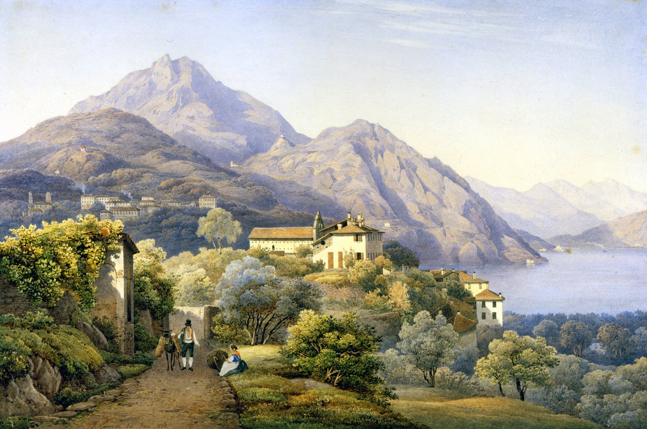 Como. Menaggio. Loveno i Góra Groma. 1840. Obraz S. Corrodi. Menaggio, Como. . autorstwa Solomon Corrodi