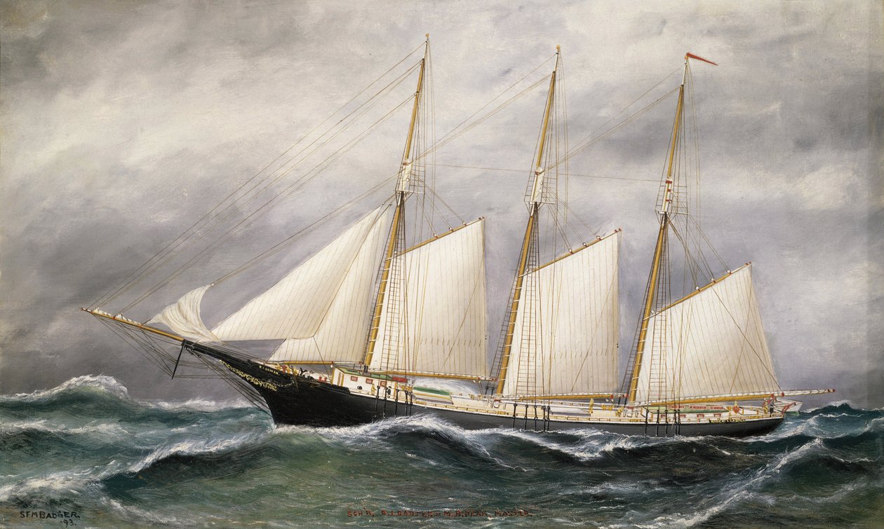 Szkuner "Robert Ingle Carter", w pełnym ożaglowaniu, zwodowany w 1891 r. w Bostonie (Massachusetts, USA) dla kupca węglowego w Newport (Rhode Island, USA). autorstwa Solon Francis Montecello Badger