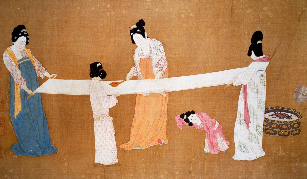 Panie przygotowujące nowo utkany jedwab, obraz przypisywany cesarzowi Hui-Tsungowi z dynastii Song, Chiny autorstwa Song Dynasty Chinese School