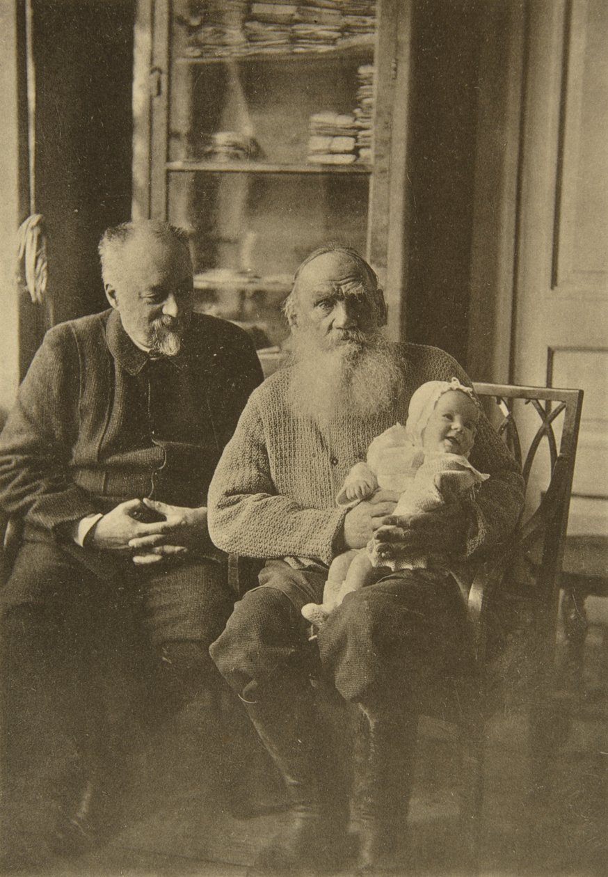 Rosyjski pisarz Lew Tołstoj z zięciem i wnuczką, Rosja, c1905-c1906 autorstwa Sophia Andreevna Tolstaya