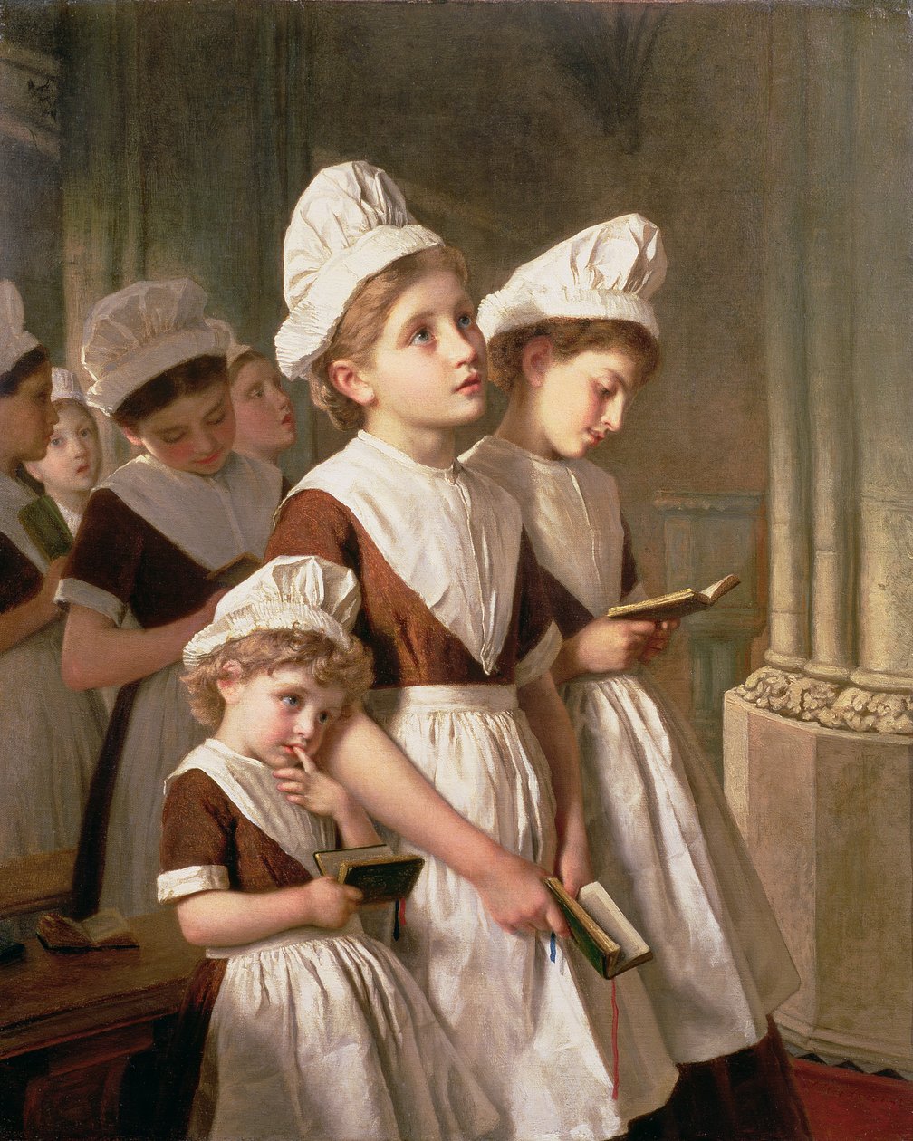 Dziewczęta-założycielki podczas modlitwy w kaplicy, ok. 1877 r. autorstwa Sophie Gengembre Anderson